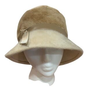 Vntg 60’s Frank Olive tan  faux fur hat with faux leather decorative band